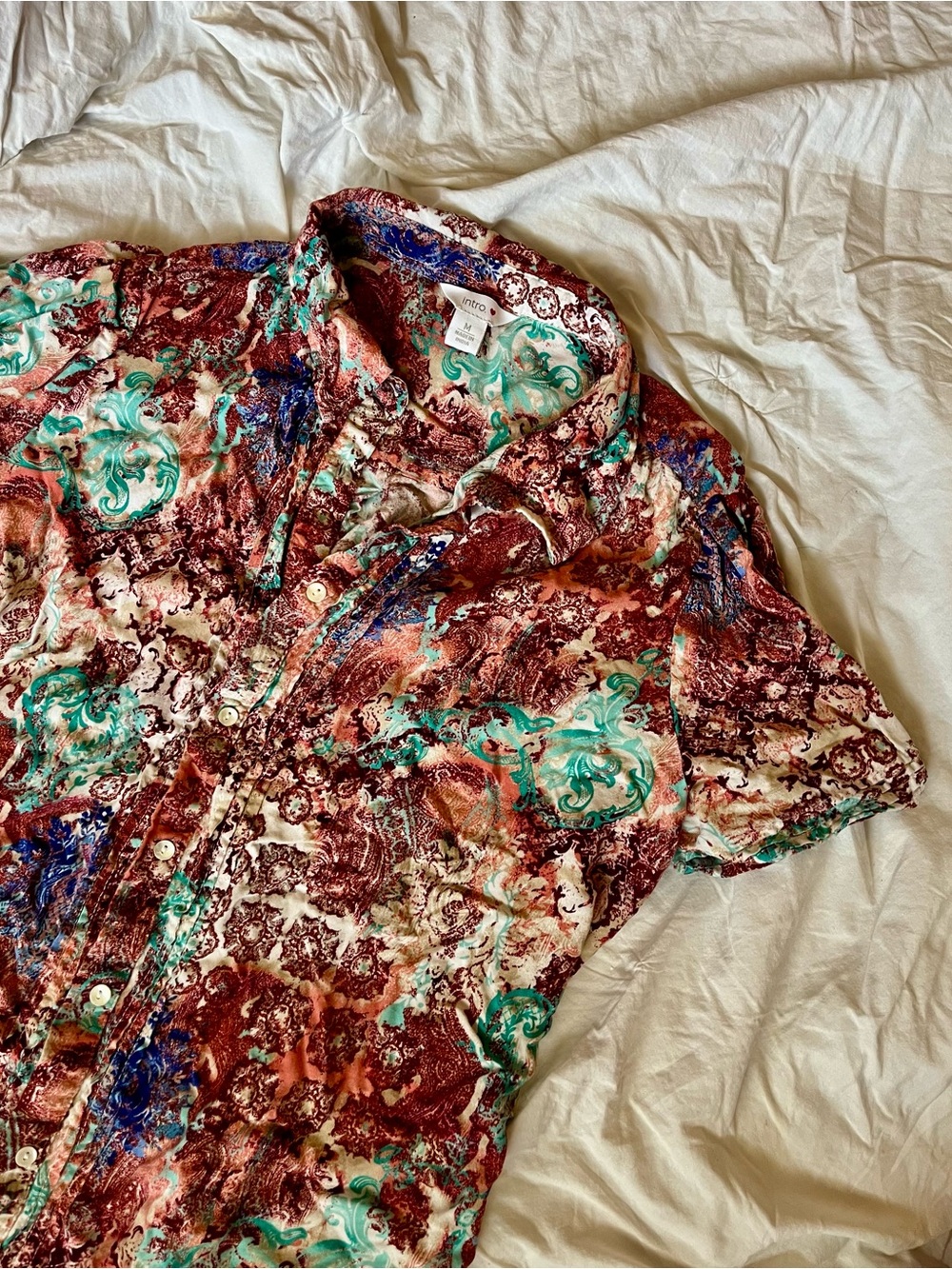 intro. Multicolor Paisley and Medallion Shirt — Teal, Maroon, Blue